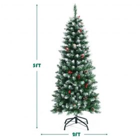 Pre-lit Artificial Pencil Christmas Tree with Pine Cones and Red Berries-5 ft