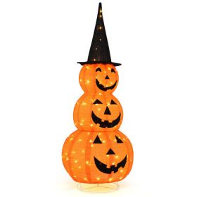 5 Feet Lighted Stacked Pumpkins Halloween Decoration with Witch Hat