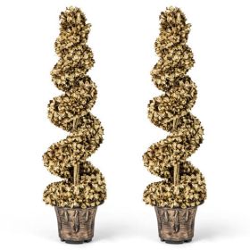4 FT Artificial Topiary Spiral Tree Set of 2 with Vintage Plastic Nursery Pot-Gold