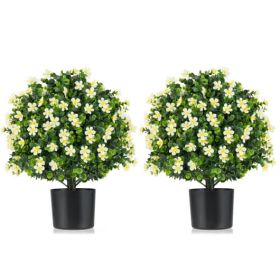 2 Pack Artificial Boxwood Topiary Ball Tree Faux Shrub Bushes with Flowers-White
