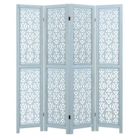 4/6 Panel Wooden Room Divider with Carved Cutout Pattern and Solid Wood Frame-4 Panel