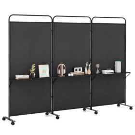 3-Panel Folding Room Divider with 3 Metal Shelves and Lockable Wheels-Black