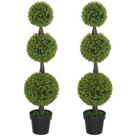HOMCOM 2 PCS 45.3" Topiary Balls Boxwood Topiary Plants, 3 Ball Fake Plants in Pots for Indoor Outdoor Living Room, Green