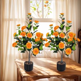 Artificial Camellia Tree 2 Pack, 36"Faux Camellia Plant in Pot with Orange Flowers, Greenery Potted Plant for Indoor Outdoor Office Home Porch Decor