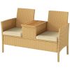 Outsunny Patio Sofa Wicker Loveseat with Built-in Flip-Top Coffee Table and Cushions for Balcony, Garden, Lawn, Backyard, Khaki