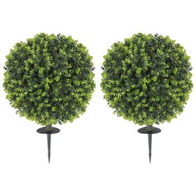 HOMCOM 2 Pack 1.3ft Artificial Ball Boxwood Topiary with Ground Stake, UV Resistant Faux Greenery for Indoor Outdoor