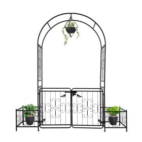 7.2ft Black Iron Garden Arch with Arched Top and Gate Metal Arbor Trellis with Planter Boxes Outdoor Decorative Archway for Climbing Plants Backyard L