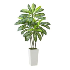 VEVOR Artificial Dracaena Tree 5 ft, Fake Palm Tropical Plants with White Tall Planter, Faux Floor Silk Plant in Pot
