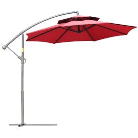 9' 2-Tier Cantilever Umbrella with Crank Handle, Cross Base and 8 Ribs, Garden Patio Offset Umbrella for Backyard, Poolside, and Lawn, Red