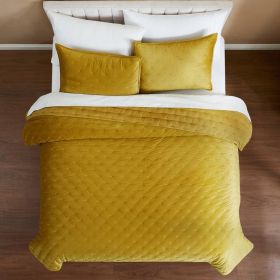 King/CAL King Size 3-Piece Mustard Yellow Velvet Embroidered Super Soft Quilt Set