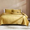 King/CAL King Size 3-Piece Mustard Yellow Velvet Embroidered Super Soft Quilt Set