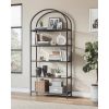 Modern Black Metal Arched Top Display Rack Bookcase with 5 Glass Storage Shelves