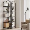 Arched Top Black Metal Display Rack Narrow Bookcase with 5 Glass Storage Shelves
