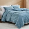 King/CAL King Size 3-Piece Blue Velvet Embroidered Super Soft Quilt Set