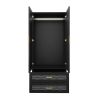 Black Wardrobe Armoire Cabinet with Mirror Hanging Rod and Storage Drawers