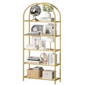 Modern Gold Metal Arched Top Display Rack Bookcase with 5 Glass Storage Shelves