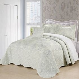 King size Antique White Damask Embroidered 4 Piece Oversized Bedspread Set