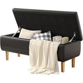 Modern Mid-Century Black Faux Leather End of Bed Storage Bench Ottoman