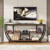 Industrial Modern 70-inch Long Narrow Console Sofa Table with Brown Wood Shelves