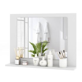 Rectangular Bathroom Wall Mirror with Storage Shelf and White Wood Frame