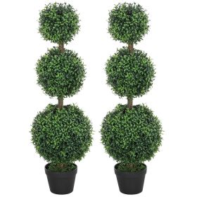 HOMCOM Set of 2 Artificial Ball Boxwood Topiary Trees, Fake Plants in Pot for Indoor Outdoor Living Room Green (Title: Default Title)